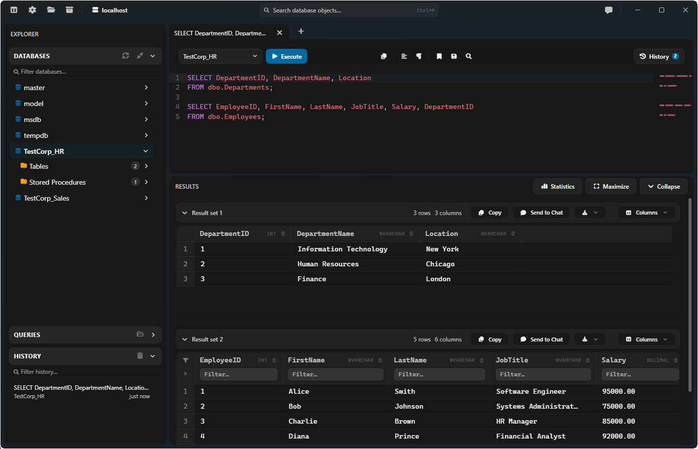 SQL Query Studio editor with object explorer and results grid